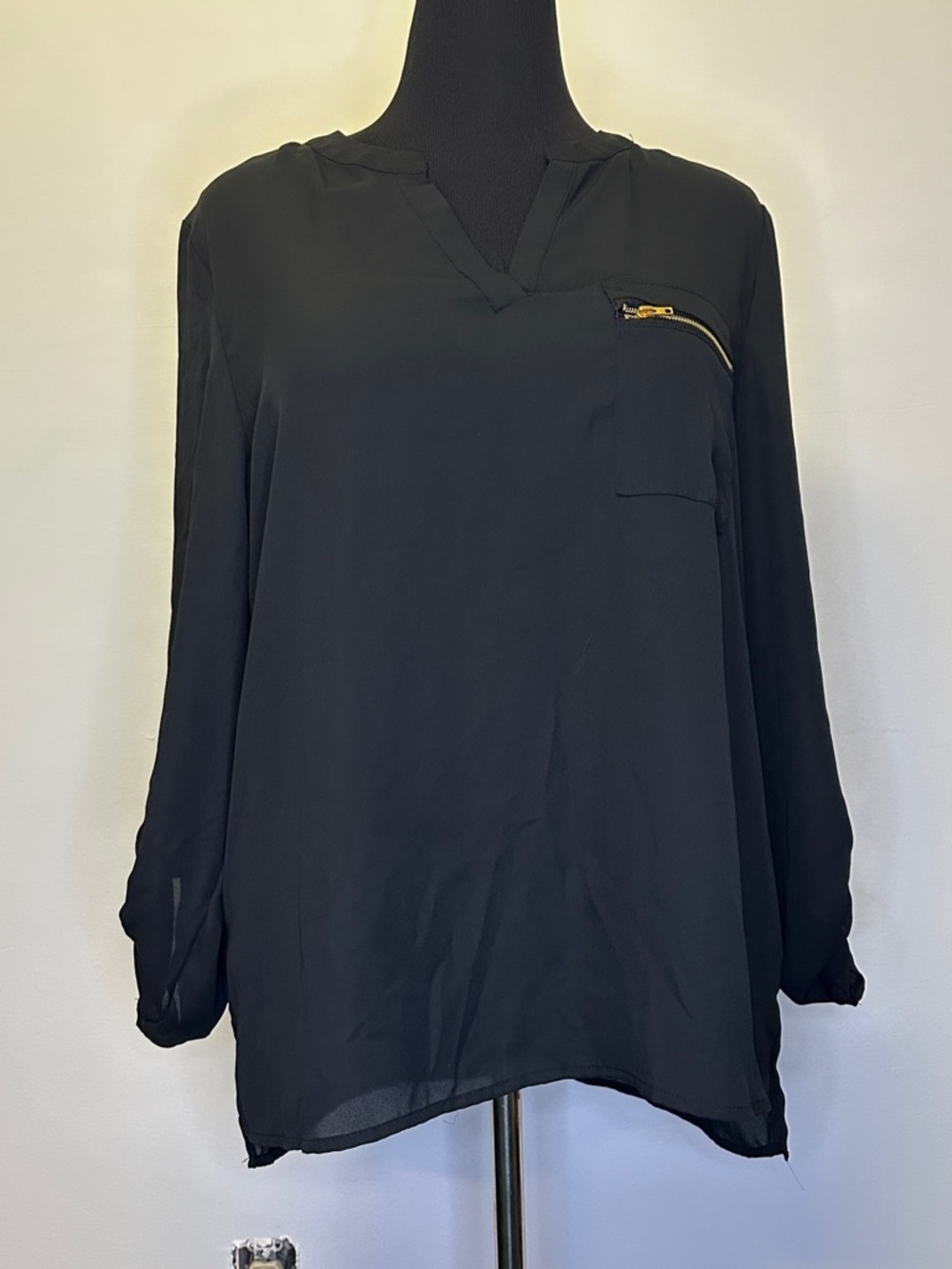 Zac & Rachel sheer Black V-Neck Long-Sleeve Blouse with Gold Zip Detail